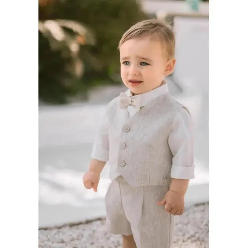 Paz Rodriguez – Baby Woven Newborn Waistcoat & Short & Shirt, Beige/White