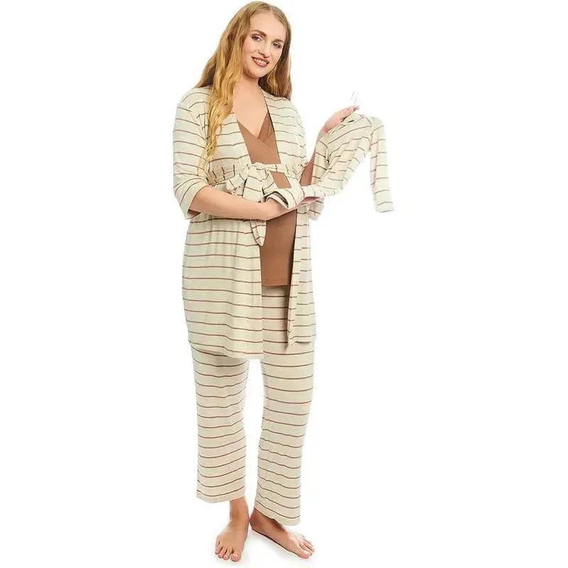 Everly Grey – Maternity and Nursing PJ Pant Set for Mom and Baby, Mocha Stripe, Large