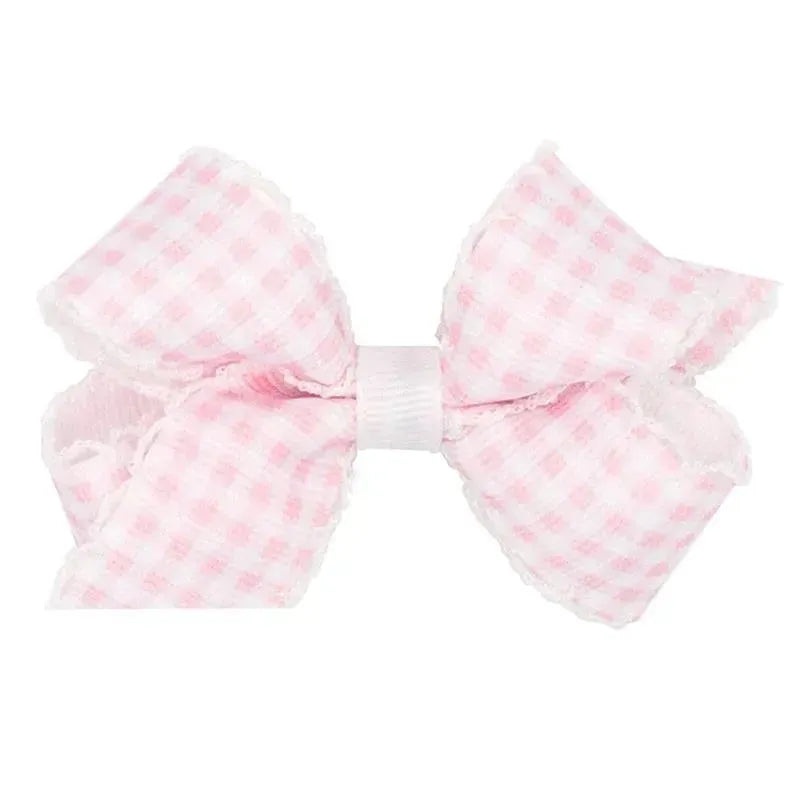 Wee Ones – Mini Gingham Print With Moonstitch Trimmed Bow, Light Pink