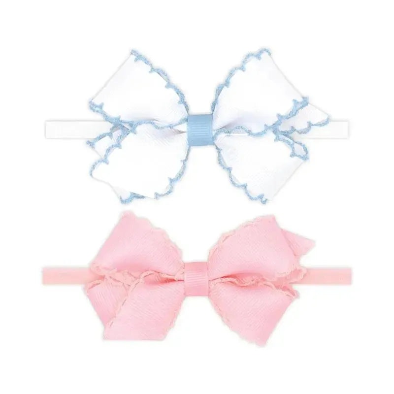 Wee Ones – Two Mini Moonstitch Grosgrain Bows, Mini, White/Millennium Blue and Light Pink