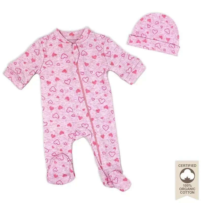 Rose Textiles – 100% Organic Heather Heart Sleeper + Hat, Pink