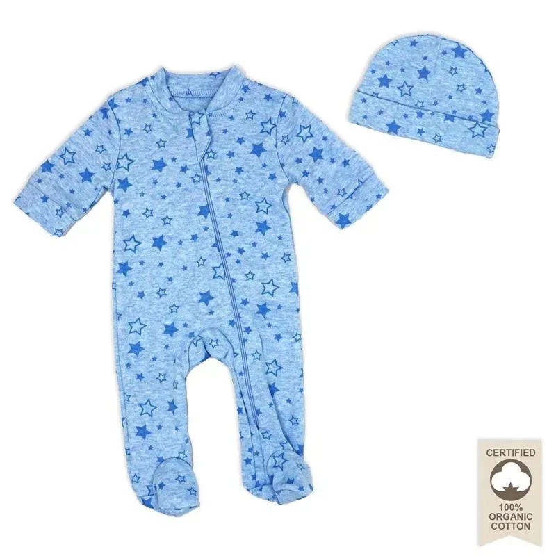Rose Textiles – 100% Organic Heather Star Sleeper + Hat, Blue
