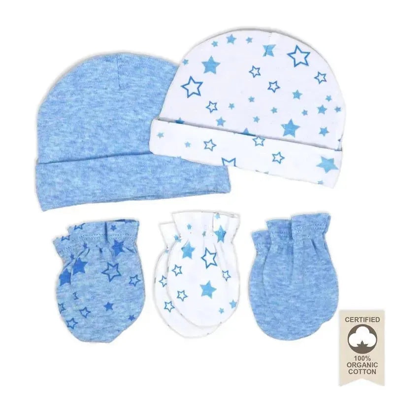 Rose Textiles – 100% Organic Cotton 5 Pack – Hat & Mitt Set, Blue Star
