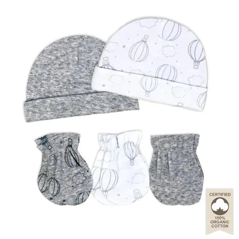 Rose Textiles – 100% Organic Cotton 5 Pack – Hat & Mitt Set, Grey Hot Air Balloon