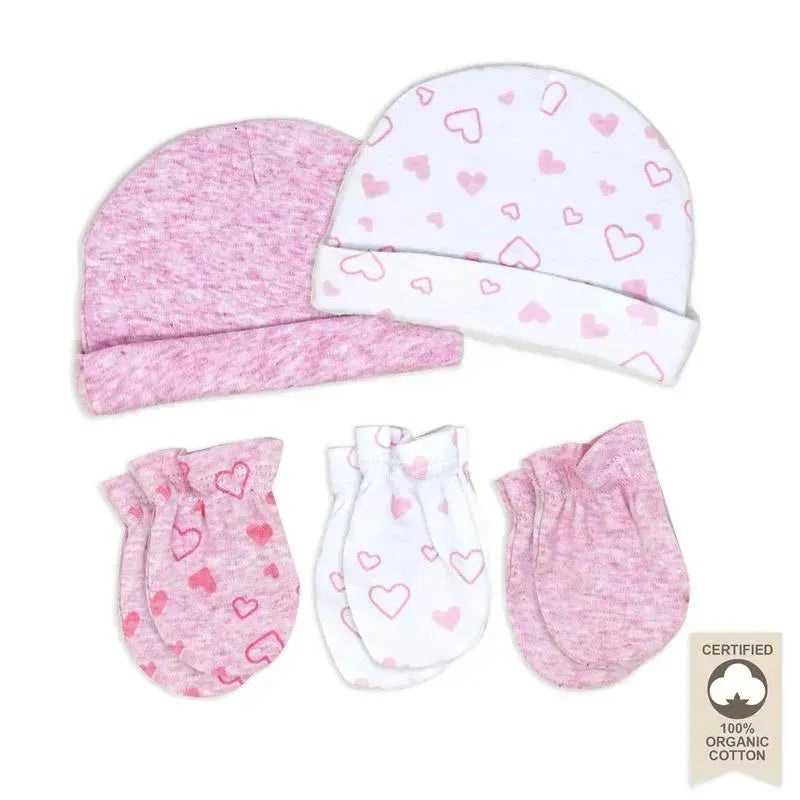 Rose Textiles – 100% Organic Cotton 5 Pack – Hat & Mitt Set, Pink Heart