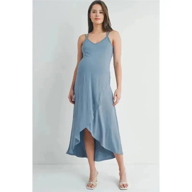 Hello Miz – High-Low Cross Back Maternity Midi Dress, Chambray