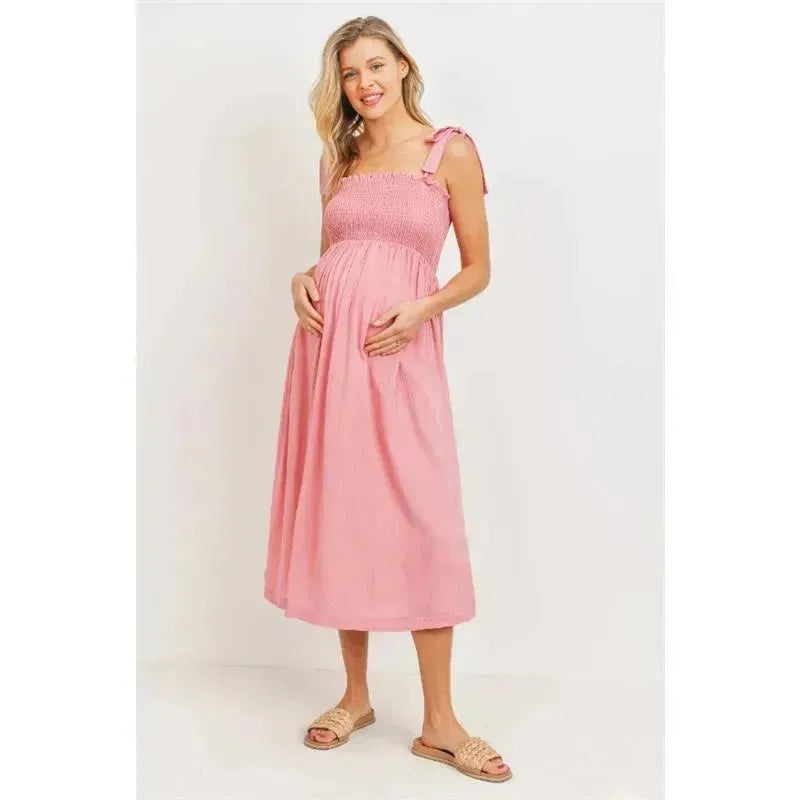 Hello Miz – Smocked Tie-Shoulder Maternity Midi Dress, Pink