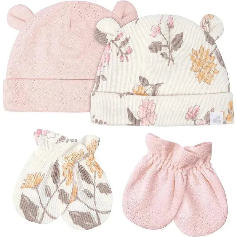 Just Born – Baby-girls 4-piece Caps & Mittens SetMittens, Dusty Pink and Floral, 0-6M