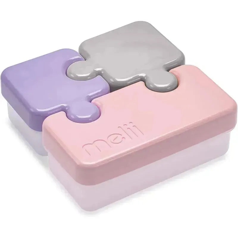 Melii – Puzzle Bento Box Food Storage Container, 3 Compartments, Pink, Purple & Grey