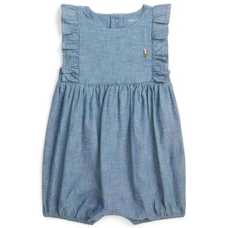 Ralph Lauren Baby – Sleeveless Chambray Ruffle Shortall, Denim Light