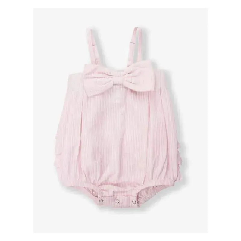 Rufflebutts – Baby Girls Pink Seersucker Bow Front Woven Bubble Romper