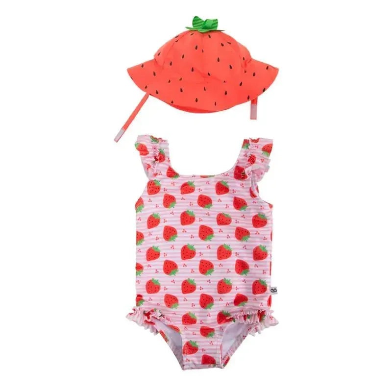 Zoocchini – Baby Ruffled Swimsuit & Sun Hat Set, Strawberry, 6-12M