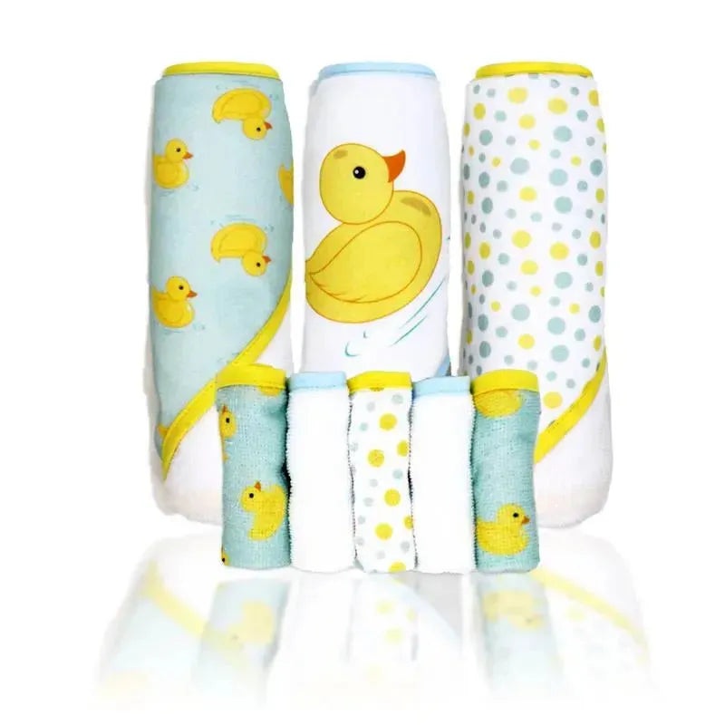 Rose Textiles – 3 Hooded Towels W/ 5 Washcloths, Aqua Duckies
