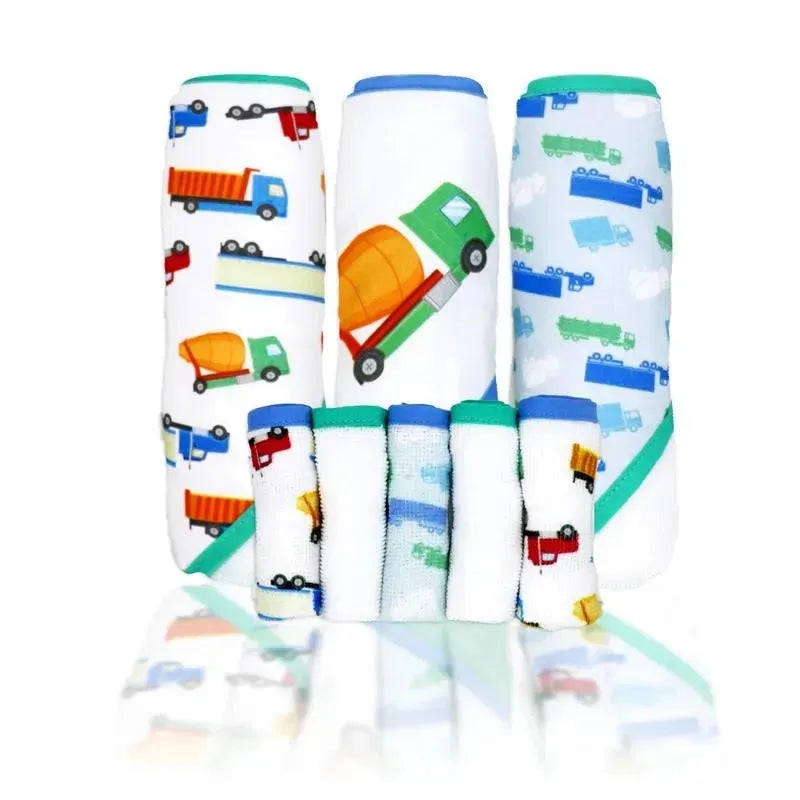 Rose Textiles – 3 Hooded Towels W/ 5 Washcloths:, Green Trucks