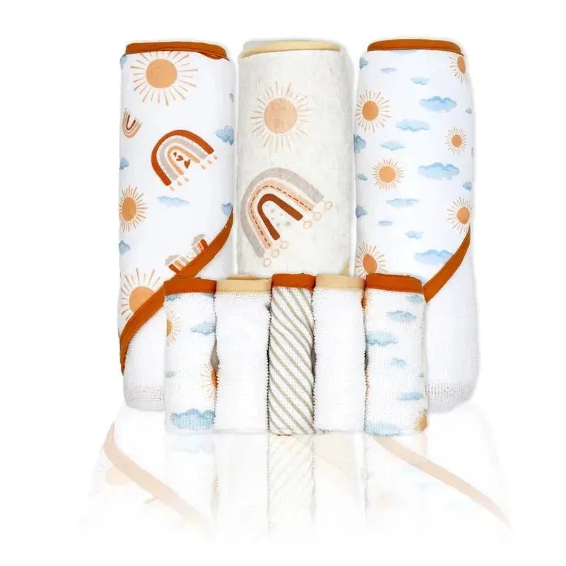 Rose Textiles – 3 Hooded Towels W/ 5 Washcloths, Peach Rainbows