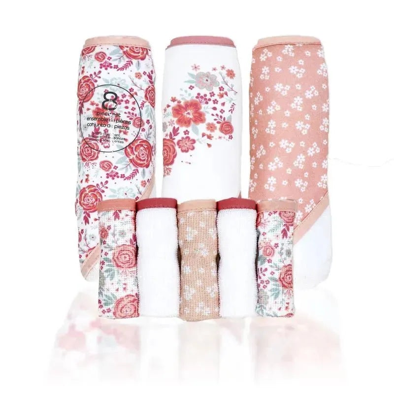 Rose Textiles – 3 Hooded Towels W/ 5 Washcloths, Pink Bouquet