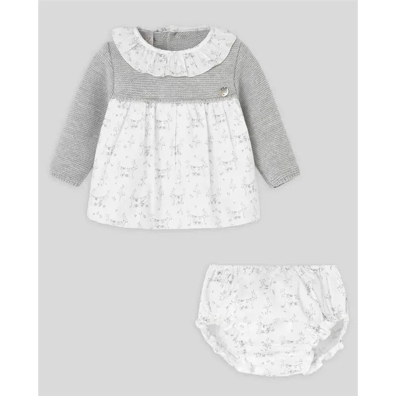 Paz Rodriguez – Baby Girl Pulgarcito Dress & Bloomer Set, Grey Pearl