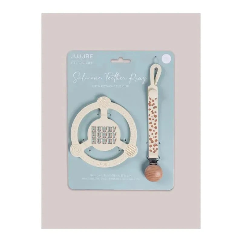 Jujube – Silicone Teether Ring With Detachable Clip, Howdy Partner Blue