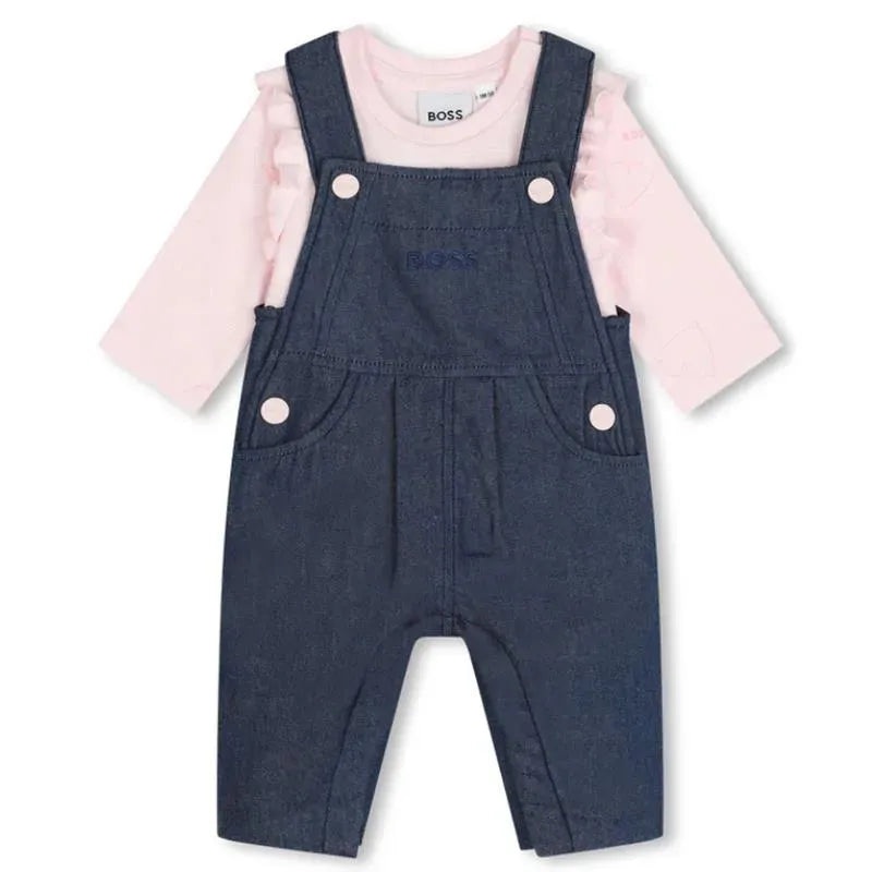 Hugo Boss Baby – Long Sleeve Tee & Overalls & Blanket Set, Denim/Pink