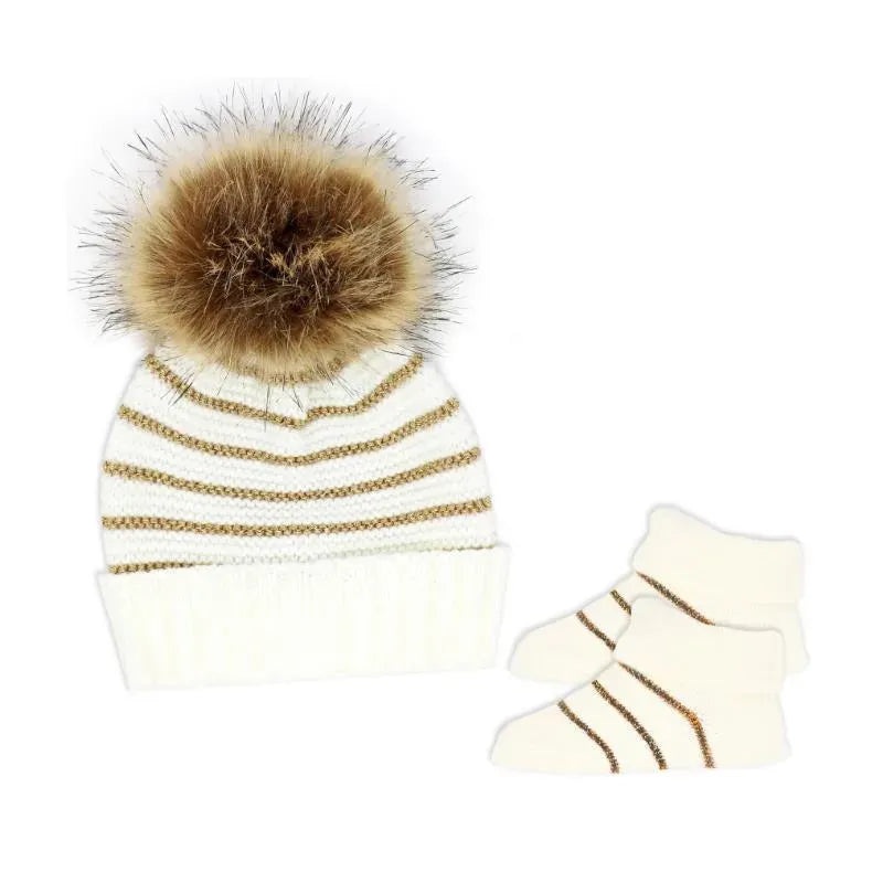 Rose Textile – Baby Blish Gold Lurex Stripe Hat & Bootie Set