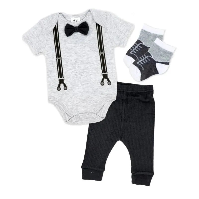 Rose Textile – Baby Boys Grey Suspender Bowtie Set
