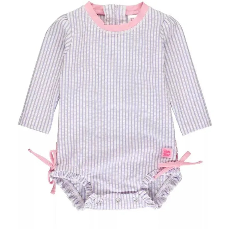 Rufflebutts – Baby Girls Lavender Seersucker Long Sleeve One Piece Rash Guard, Purple