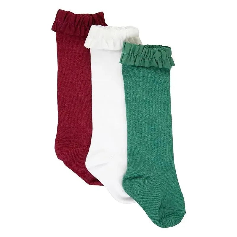 Rufflebutts – Girls 3-Pack Knee High Ruffle Socks, Dark Cherry, White, & Fir Green Red