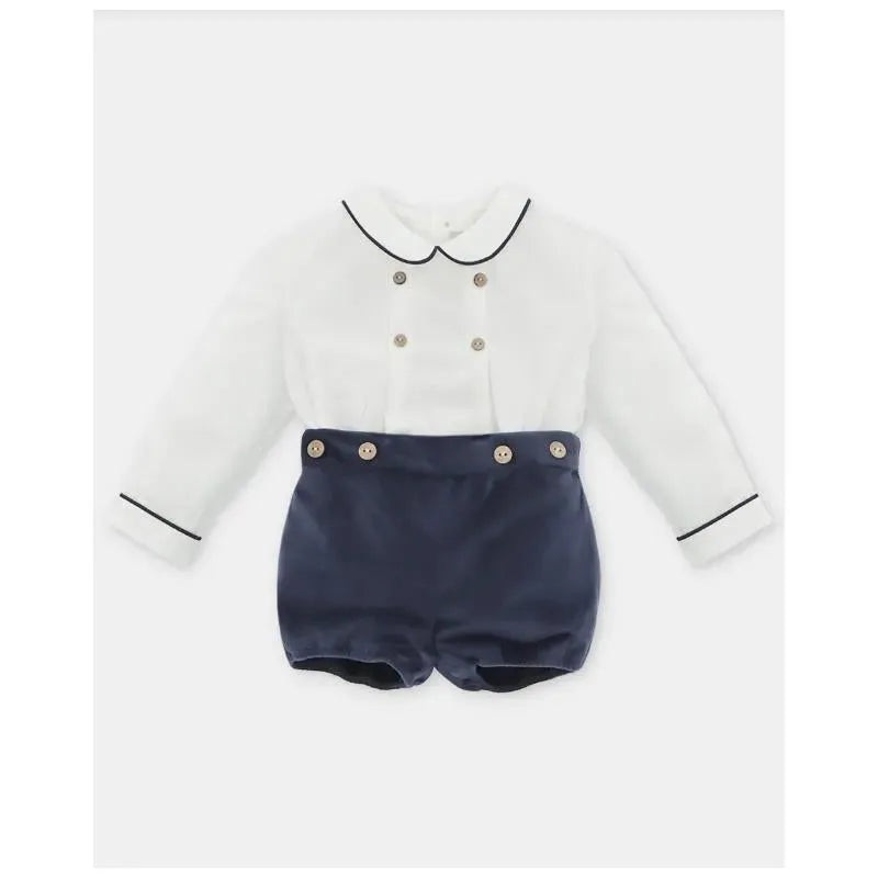 Martin Aranda – Baby Boy Set Shirt & Boys Shorts With Suspenders Velour Dark Blue