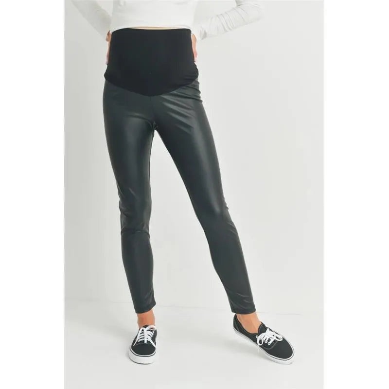 Hello Miz – Faux Leather Maternity Over The Bump Leggings, Black