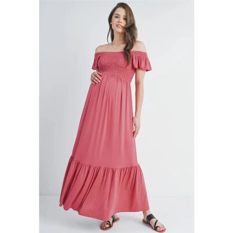 Hello Miz – Off The Shoulder Maternity Ruffled Maxi Dress, Dark Rose