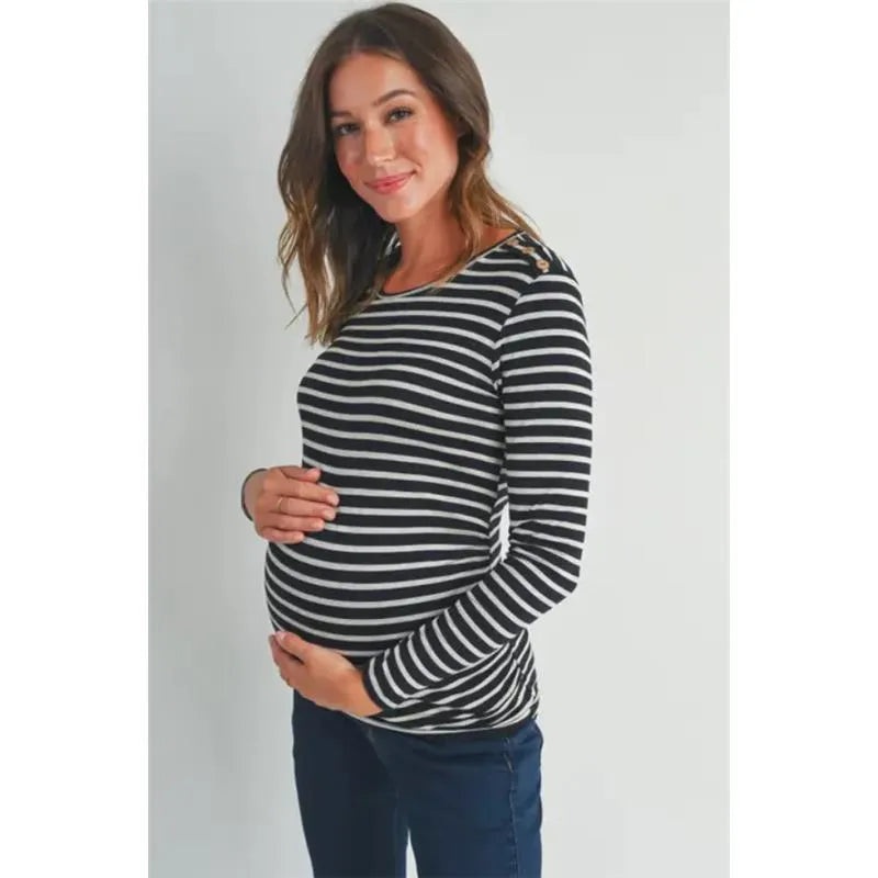 Hello Miz – Striped Button Trim Long Sleeve Maternity Top, Black