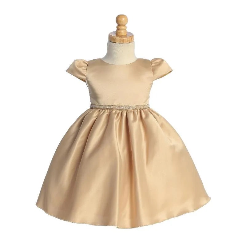 Lito – Baby Girl Satin Dress With Beads & Rhinestone Trim, Gold