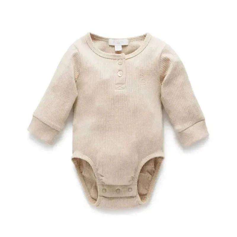 Pure Baby – Baby Neutral Rib Long Sleeve Henley Bodysuit, Biscuit Melange
