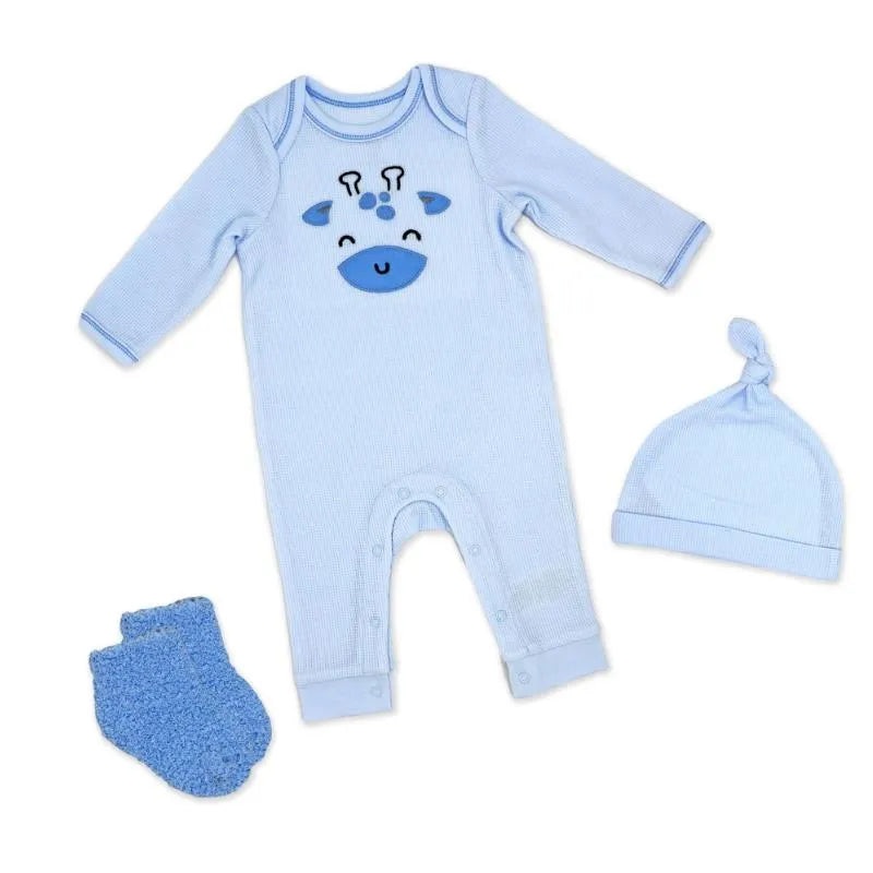 Rose Textiles – 3Pk Boys Waffle Coverall Set, Giraffe Blue
