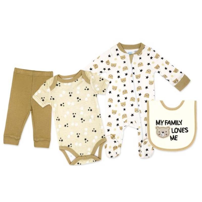 Rose Textiles – 4Pk Baby Neutral 4 Piece Set Tan Family Bear