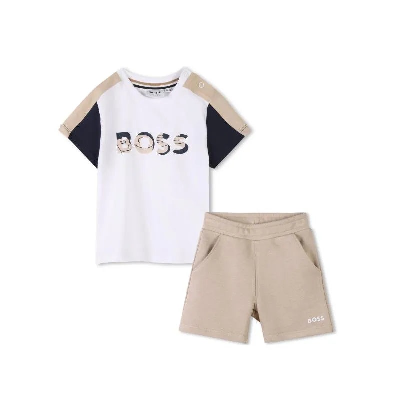 Hugo Boss Baby – Boy Logo Short Sleeve Tee And Shorts, White & Beige