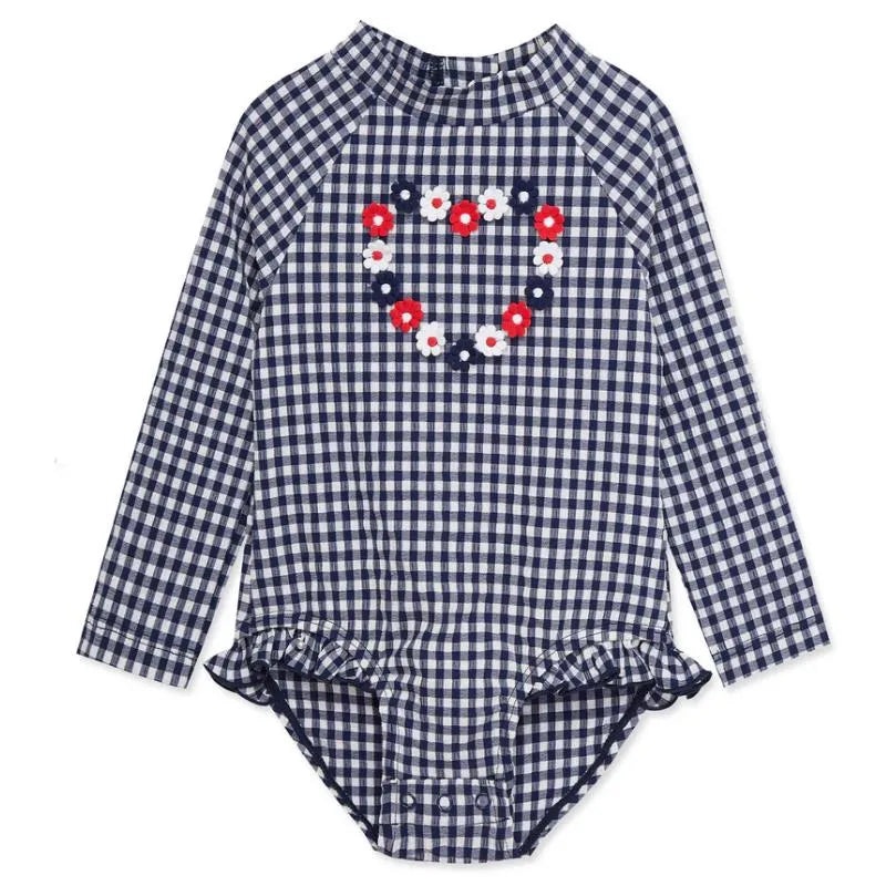 Little Me – Baby Girl Gingham 1-Piece Rashguard Swimsuit Blue
