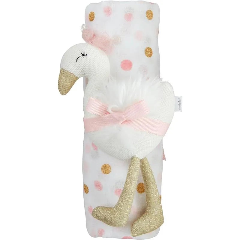 Mud Pie – Baby Girl Pink & Gold Dot Swaddle & Rattle Set