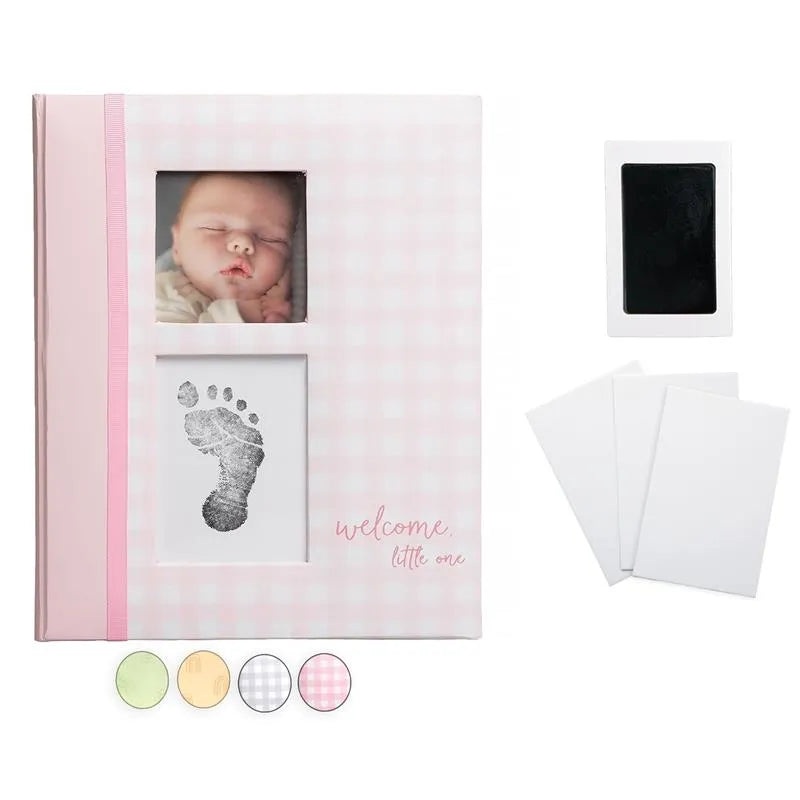 Pearhead – Gingham Baby Memory Book And Clean-Touch Ink Pad, Pink