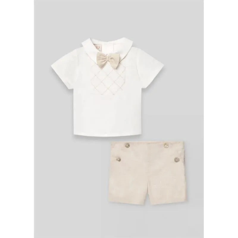 Paz Rodriguez – Baby Boy Set Woven Newborn Shirt + Shorts Lino, White