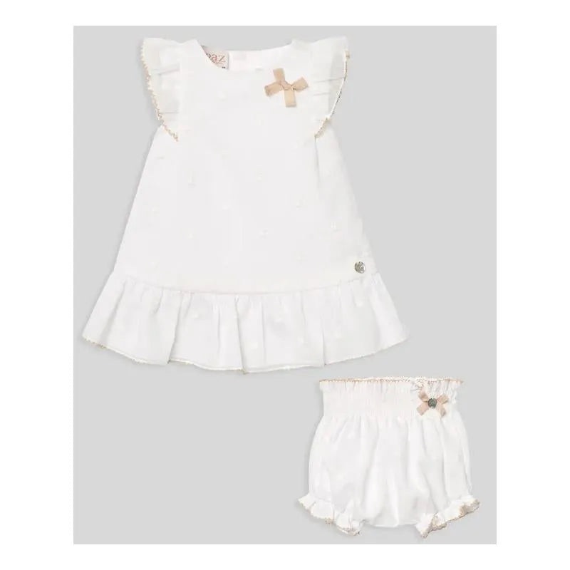 Paz Rodriguez – Baby Girl Set Woven Newborn Dress + Bloomers Lino, White