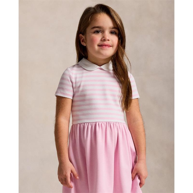 Ralph Lauren Baby – Short-Sleeve Ponte Roma Peter Pan Collar Striped Shirt Dress, Pink/White