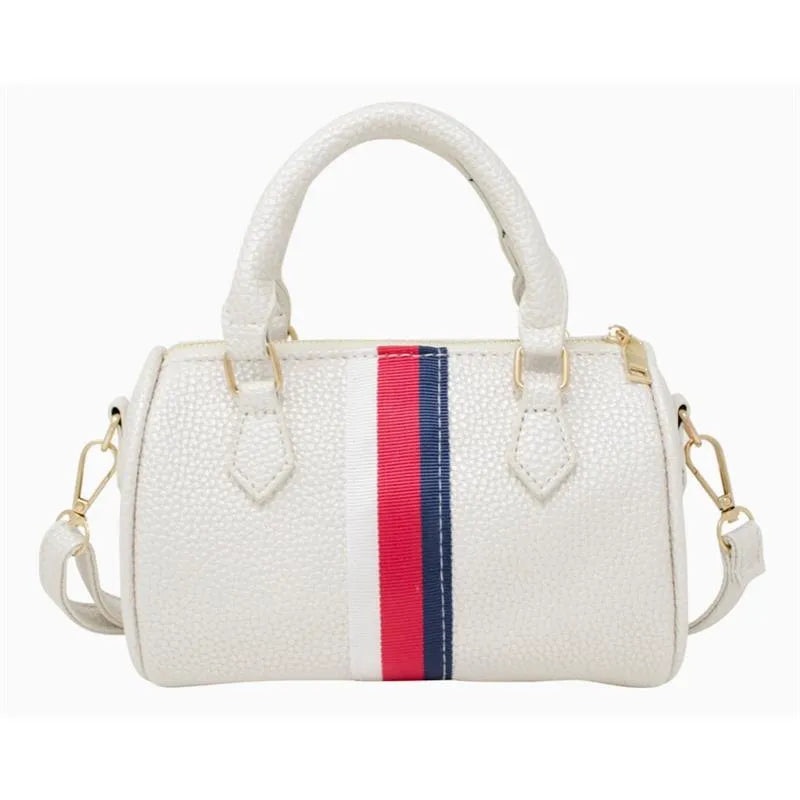 Tiny Treats – Leather Striped Duffle Handbag | White