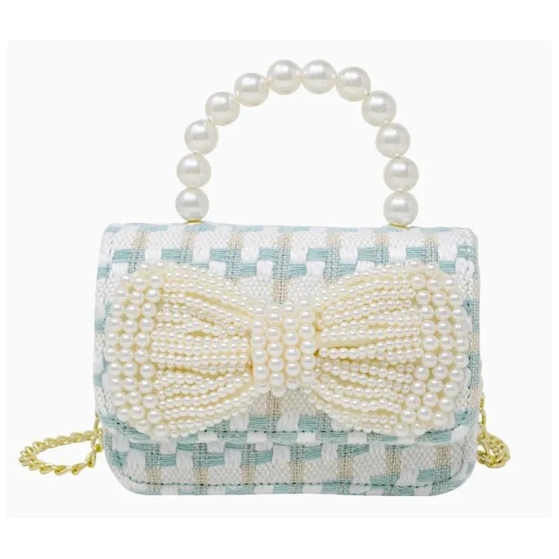 Tiny Treats – Tweed Pearl Handle Bow Purse, Blue