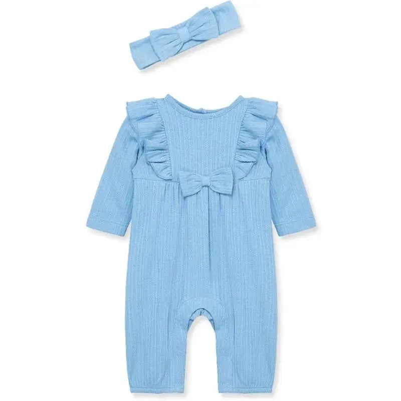 Little Me – Baby Girl Blue Pointelle Knit Jumpsuit & Headband