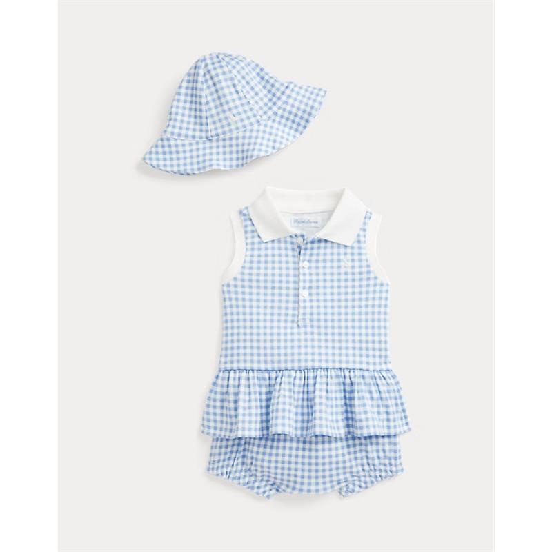 Ralph Lauren Baby – 2Pk Sleeveless Interlock Knit Gingham Ruffle Polo Shortall With Hat