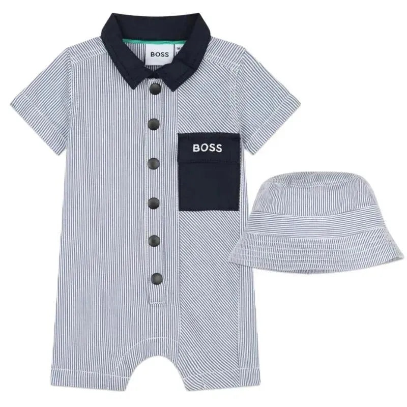 Hugo Boss Baby – Striped Cotton Ensemble Set All In One & Hat, Blue