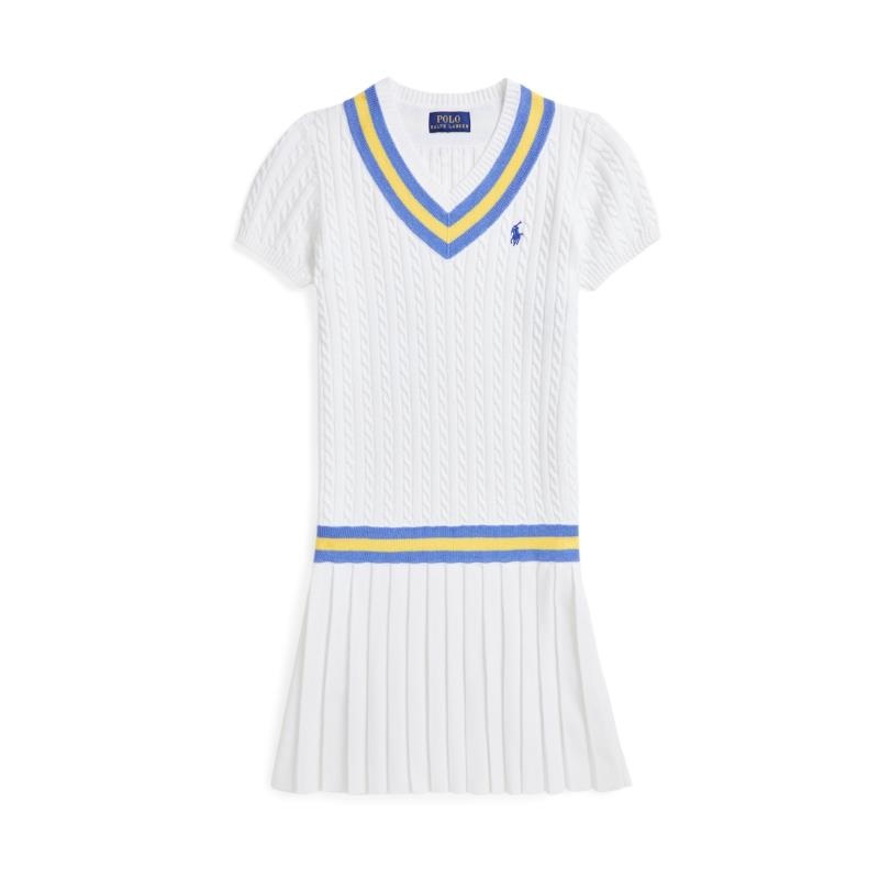 Ralph Lauren Baby – Girl Short-Sleeve Combed Cotton Mini Cable Knit Cricket Dress White/Blue
