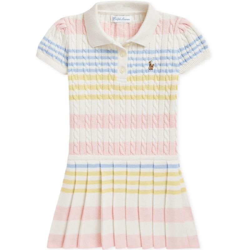 Ralph Lauren Baby – Girl Short-Sleeve Combed Cotton Mini Cable Knit Striped Polo Dress W/ Pleated Skirt