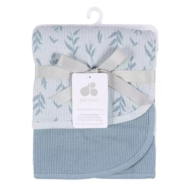 Just Born – 2Pk Cotton Baby Blanket Boy Blue Leaf